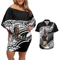 Custom New Zealand Silver Fern Rugby Couples Matching Off Shoulder Short Dress and Hawaiian Shirt 2024 Aotearoa Maori Mascot Go All Black LT14 Black - Polynesian Pride