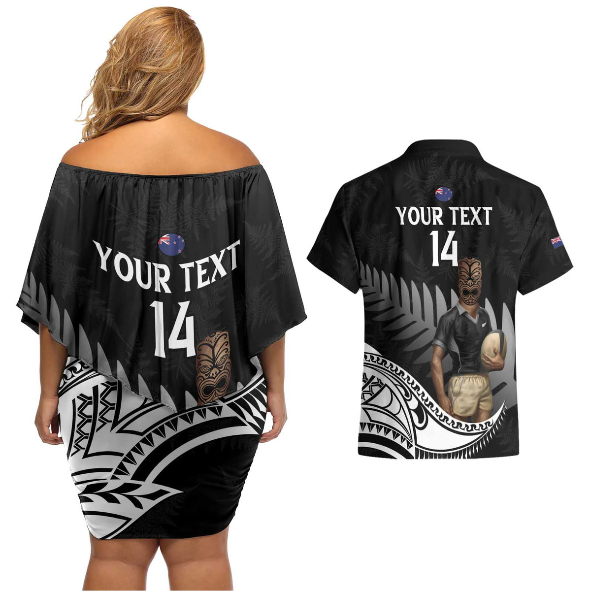 Custom New Zealand Silver Fern Rugby Couples Matching Off Shoulder Short Dress and Hawaiian Shirt 2024 Aotearoa Maori Mascot Go All Black LT14 - Polynesian Pride