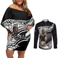 Custom New Zealand Silver Fern Rugby Couples Matching Off Shoulder Short Dress and Long Sleeve Button Shirt 2024 Aotearoa Maori Mascot Go All Black LT14 Black - Polynesian Pride