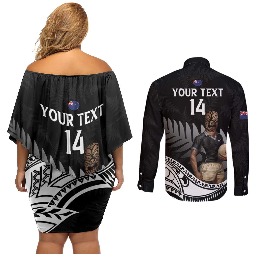 Custom New Zealand Silver Fern Rugby Couples Matching Off Shoulder Short Dress and Long Sleeve Button Shirt 2024 Aotearoa Maori Mascot Go All Black LT14 - Polynesian Pride