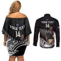 Custom New Zealand Silver Fern Rugby Couples Matching Off Shoulder Short Dress and Long Sleeve Button Shirt 2024 Aotearoa Maori Mascot Go All Black LT14 - Polynesian Pride