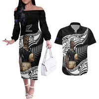 Custom New Zealand Silver Fern Rugby Couples Matching Off The Shoulder Long Sleeve Dress and Hawaiian Shirt 2024 Aotearoa Maori Mascot Go All Black LT14 Black - Polynesian Pride