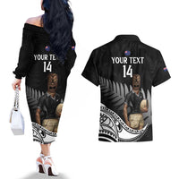 Custom New Zealand Silver Fern Rugby Couples Matching Off The Shoulder Long Sleeve Dress and Hawaiian Shirt 2024 Aotearoa Maori Mascot Go All Black LT14 - Polynesian Pride