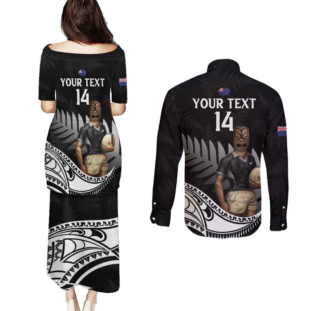 Custom New Zealand Silver Fern Rugby Couples Matching Puletasi and Long Sleeve Button Shirt 2024 Aotearoa Maori Mascot Go All Black LT14 - Polynesian Pride