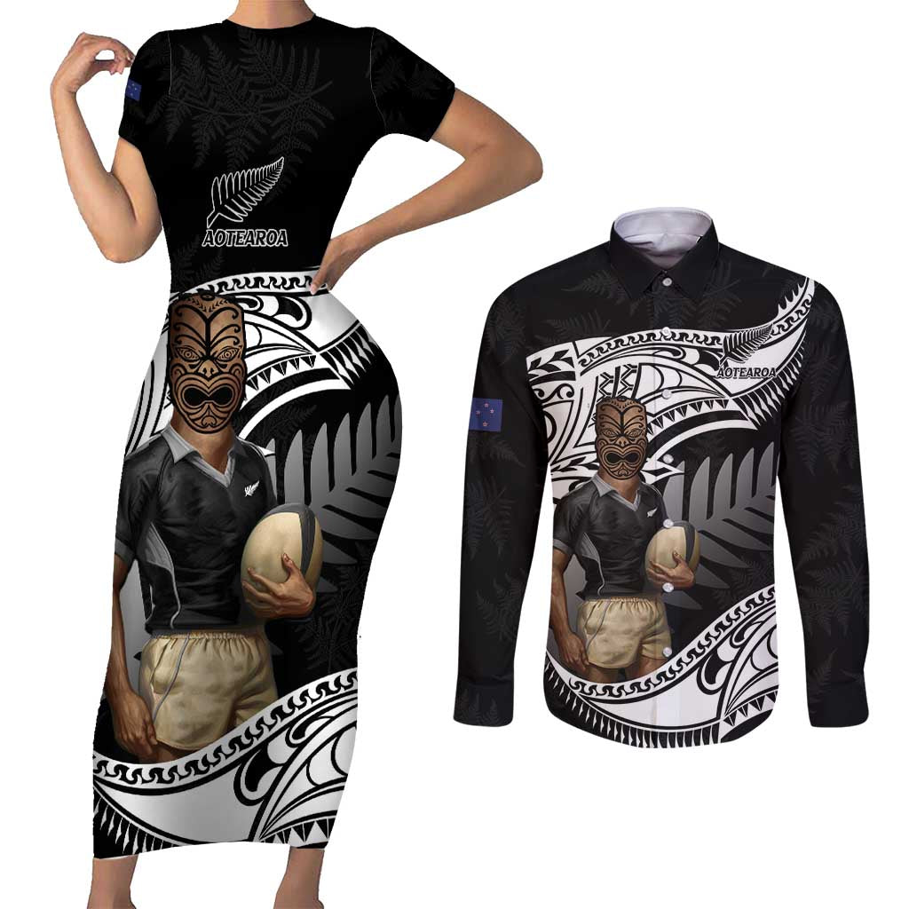 Custom New Zealand Silver Fern Rugby Couples Matching Short Sleeve Bodycon Dress and Long Sleeve Button Shirt 2024 Aotearoa Maori Mascot Go All Black LT14 Black - Polynesian Pride