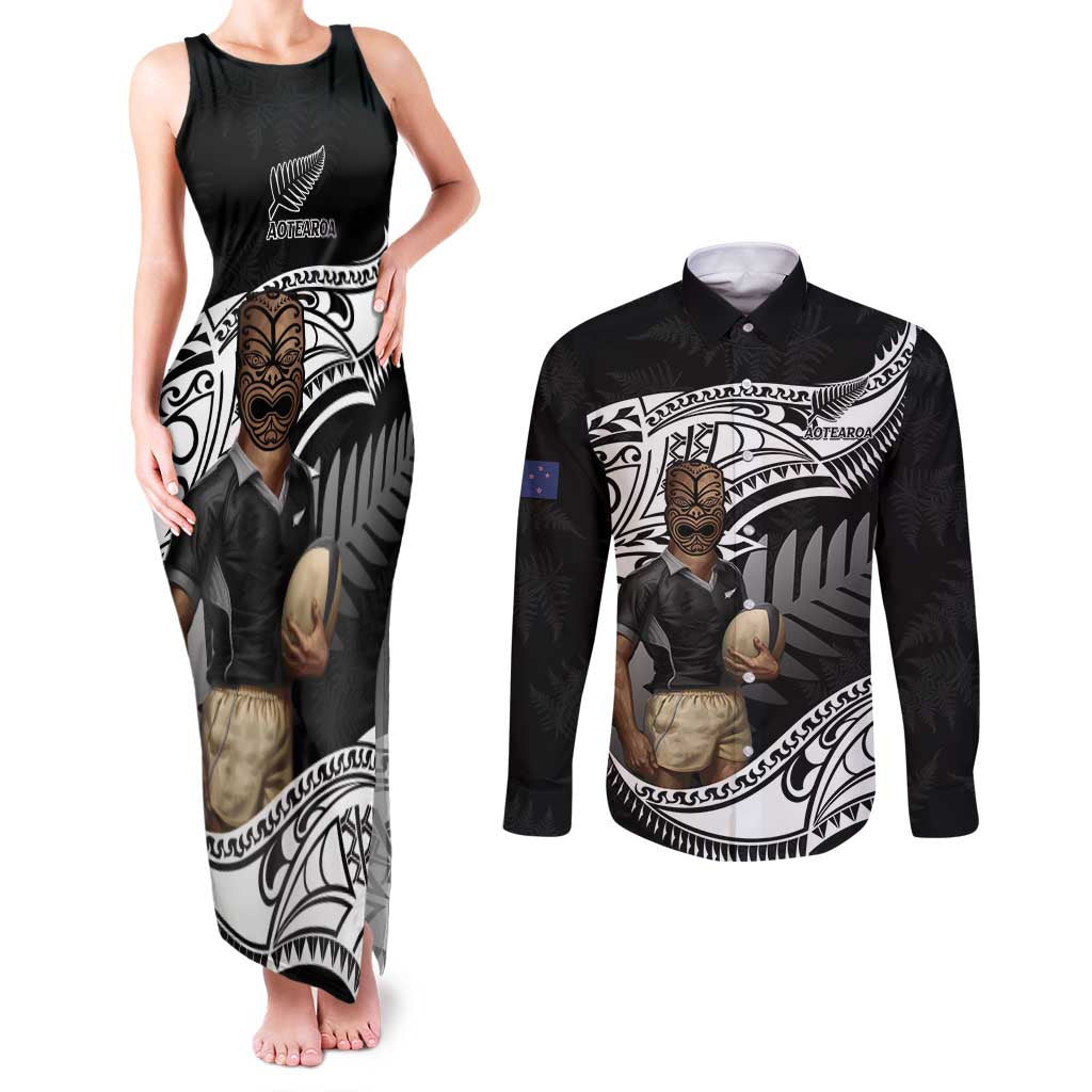 Custom New Zealand Silver Fern Rugby Couples Matching Tank Maxi Dress and Long Sleeve Button Shirt 2024 Aotearoa Maori Mascot Go All Black LT14 Black - Polynesian Pride