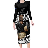 Custom New Zealand Silver Fern Rugby Family Matching Long Sleeve Bodycon Dress and Hawaiian Shirt 2024 Aotearoa Maori Mascot Go All Black LT14 Mom's Dress Black - Polynesian Pride