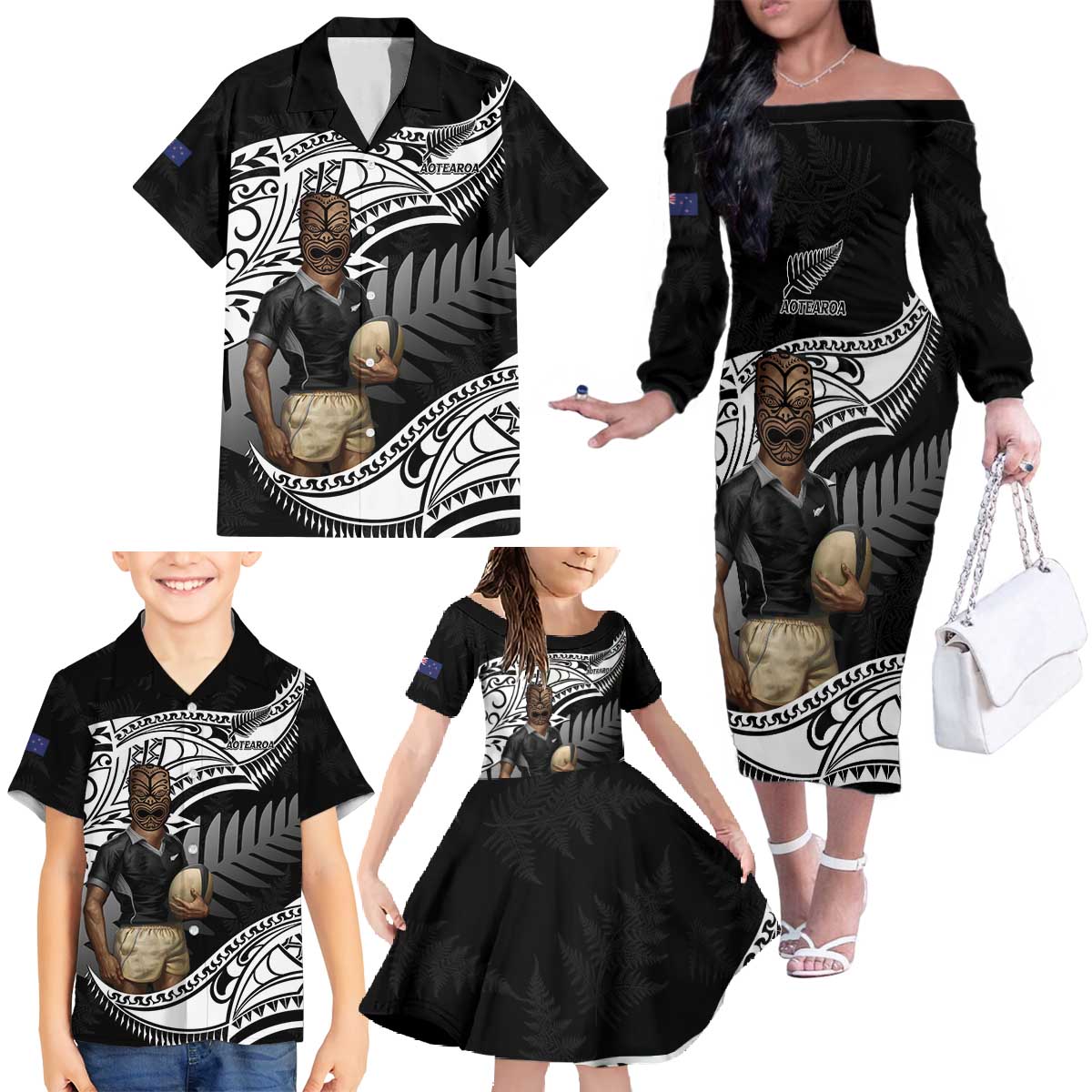 Custom New Zealand Silver Fern Rugby Family Matching Off The Shoulder Long Sleeve Dress and Hawaiian Shirt 2024 Aotearoa Maori Mascot Go All Black LT14 - Polynesian Pride