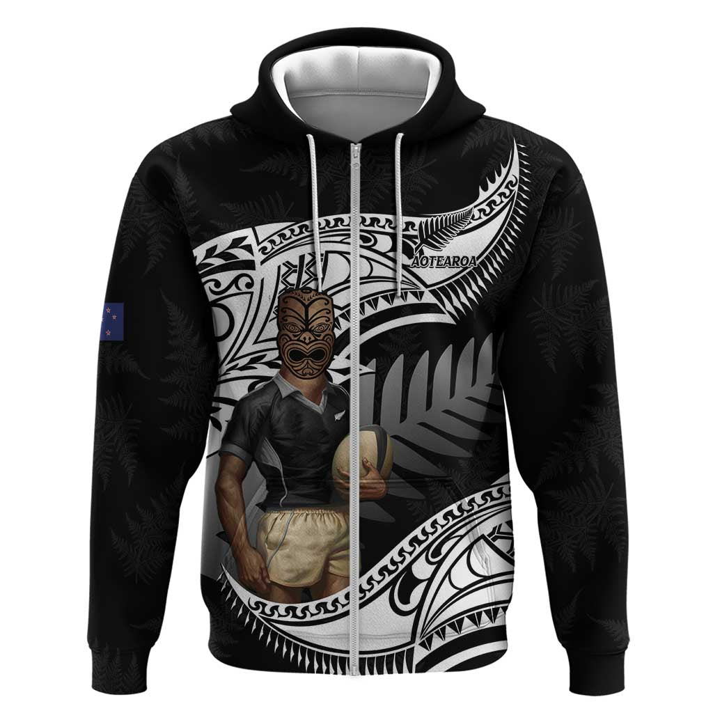 Custom New Zealand Silver Fern Rugby Hoodie 2024 Aotearoa Maori Mascot Go All Black LT14 Zip Hoodie Black - Polynesian Pride
