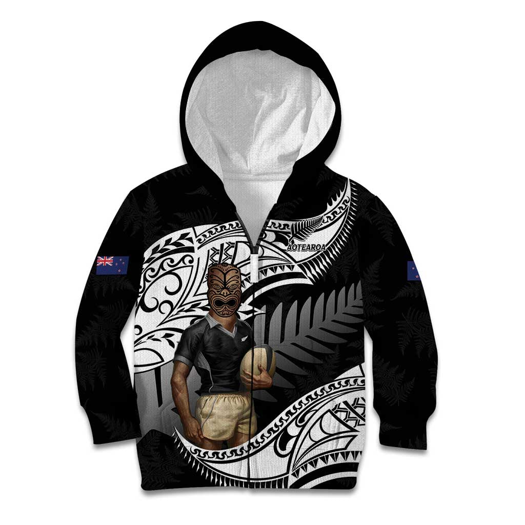 Custom New Zealand Silver Fern Rugby Kid Hoodie 2024 Aotearoa Maori Mascot Go All Black LT14 Zip Hoodie Black - Polynesian Pride