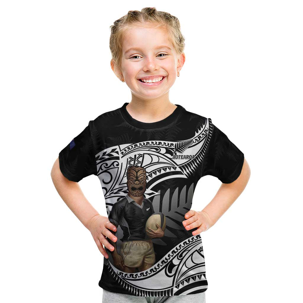 Custom New Zealand Silver Fern Rugby Kid T Shirt 2024 Aotearoa Maori Mascot Go All Black LT14 Black - Polynesian Pride