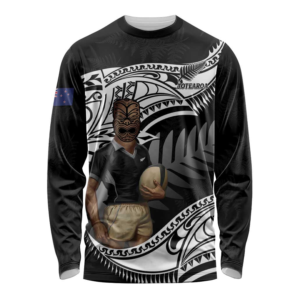 Custom New Zealand Silver Fern Rugby Long Sleeve Shirt 2024 Aotearoa Maori Mascot Go All Black LT14 Unisex Black - Polynesian Pride