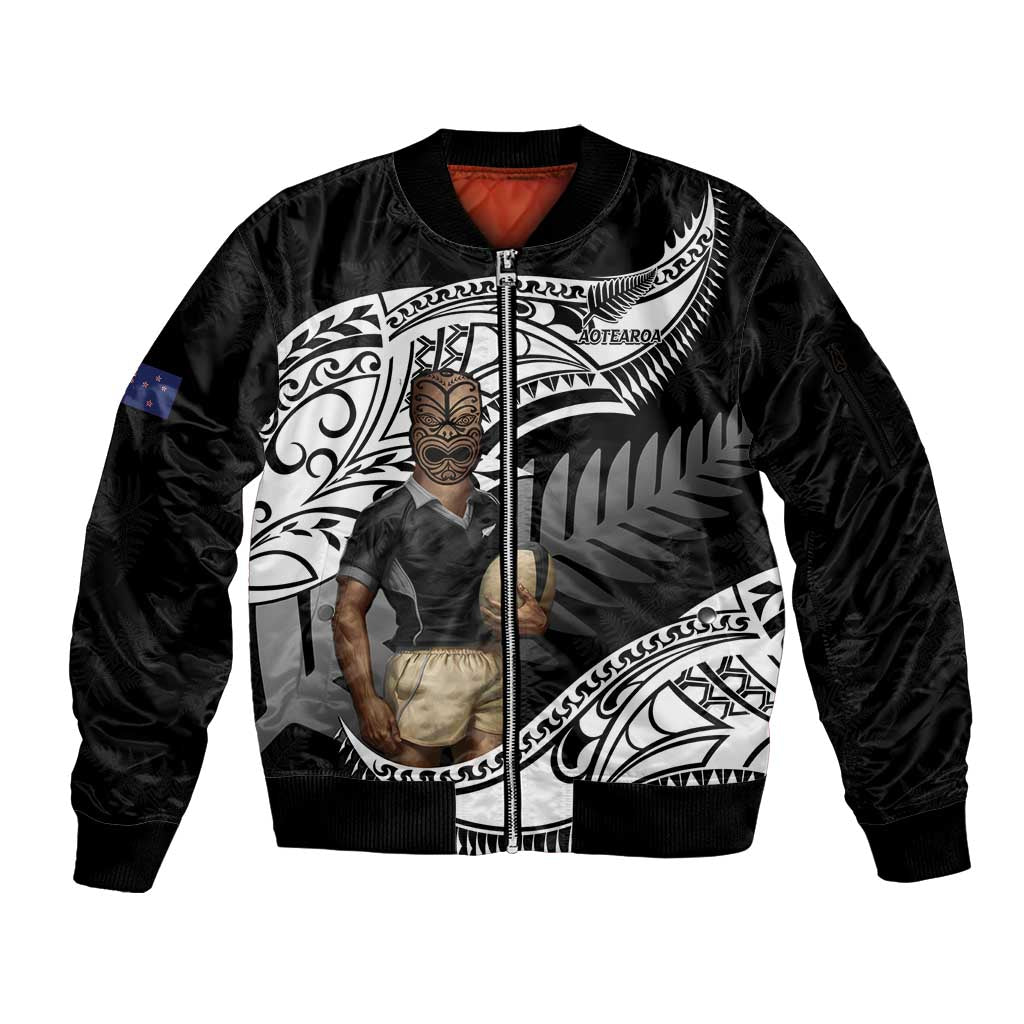 Custom New Zealand Silver Fern Rugby Sleeve Zip Bomber Jacket 2024 Aotearoa Maori Mascot Go All Black LT14 Unisex Black - Polynesian Pride