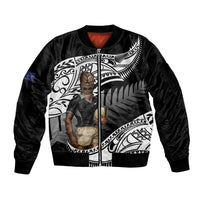 Custom New Zealand Silver Fern Rugby Sleeve Zip Bomber Jacket 2024 Aotearoa Maori Mascot Go All Black LT14 Unisex Black - Polynesian Pride