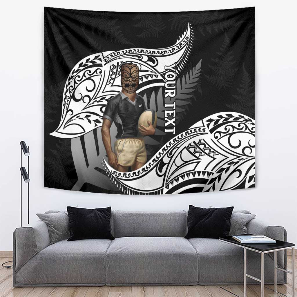 Custom New Zealand Silver Fern Rugby Tapestry 2024 Aotearoa Maori Mascot Go All Black LT14 Black - Polynesian Pride
