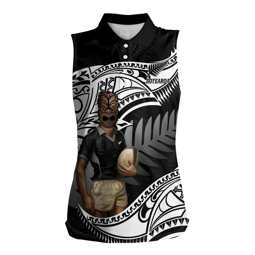Custom New Zealand Silver Fern Rugby Women Sleeveless Polo Shirt 2024 Aotearoa Maori Mascot Go All Black LT14 Female Black - Polynesian Pride