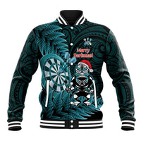 Personalised New Zealand Darts Christmas Baseball Jacket Maori Fern Merry Dartsmas LT14 Unisex Cyan - Polynesian Pride