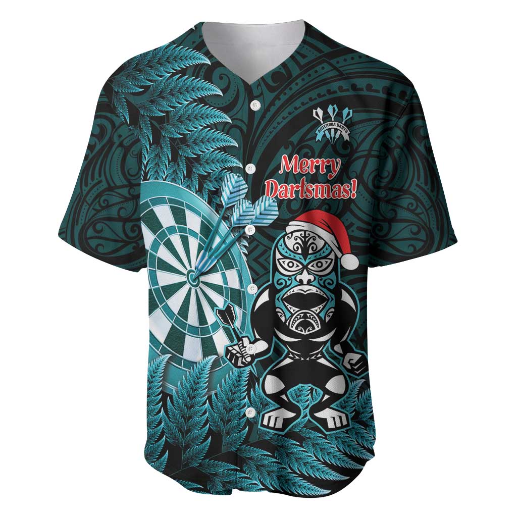 Personalised New Zealand Darts Christmas Baseball Jersey Maori Fern Merry Dartsmas LT14 Cyan - Polynesian Pride