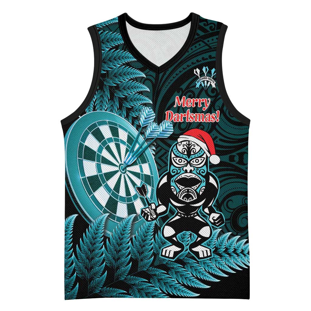Personalised New Zealand Darts Christmas Basketball Jersey Maori Fern Merry Dartsmas LT14 Unisex Cyan - Polynesian Pride