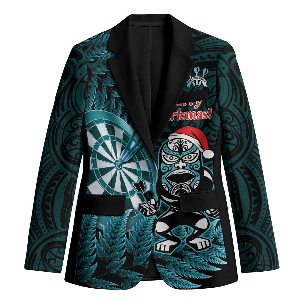 Personalised New Zealand Darts Christmas Blazer Maori Fern Merry Dartsmas LT14 Unisex Cyan - Polynesian Pride