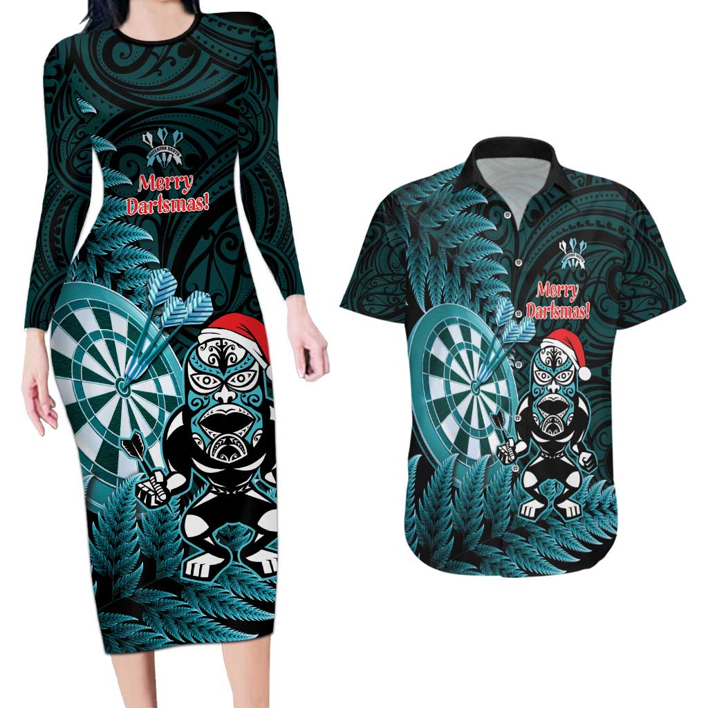 Personalised New Zealand Darts Christmas Couples Matching Long Sleeve Bodycon Dress and Hawaiian Shirt Maori Fern Merry Dartsmas LT14 Cyan - Polynesian Pride