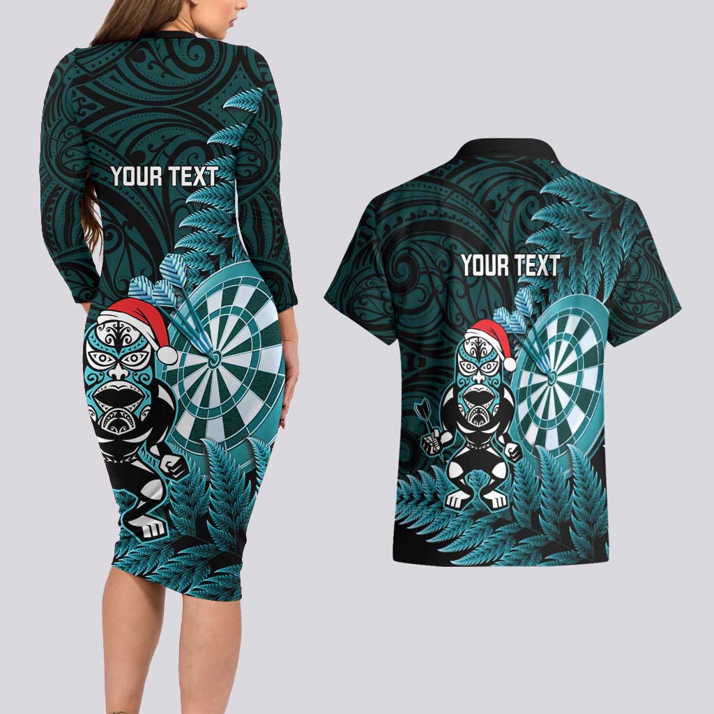 Personalised New Zealand Darts Christmas Couples Matching Long Sleeve Bodycon Dress and Hawaiian Shirt Maori Fern Merry Dartsmas LT14 - Polynesian Pride