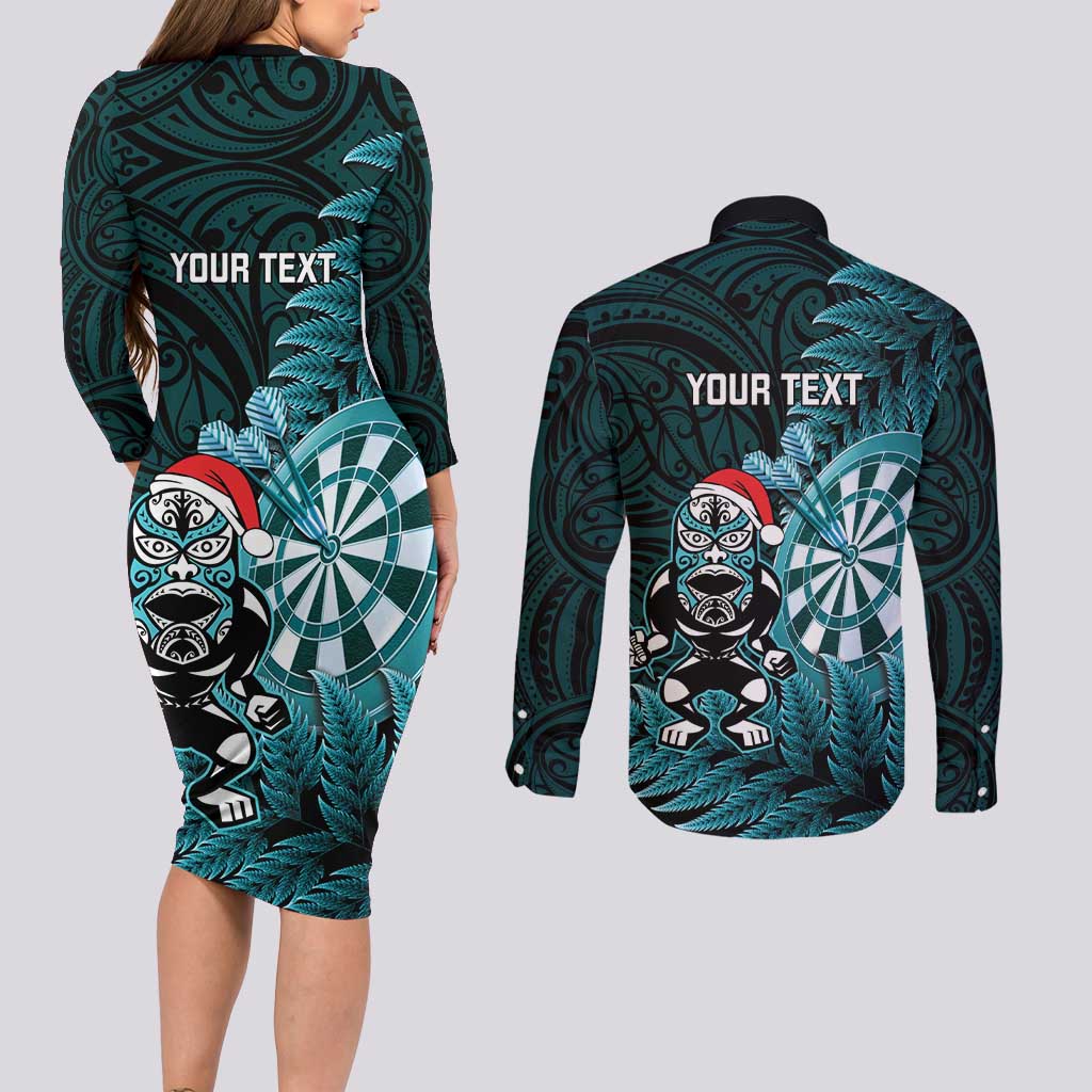 Personalised New Zealand Darts Christmas Couples Matching Long Sleeve Bodycon Dress and Long Sleeve Button Shirt Maori Fern Merry Dartsmas LT14 - Polynesian Pride