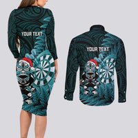 Personalised New Zealand Darts Christmas Couples Matching Long Sleeve Bodycon Dress and Long Sleeve Button Shirt Maori Fern Merry Dartsmas LT14 - Polynesian Pride