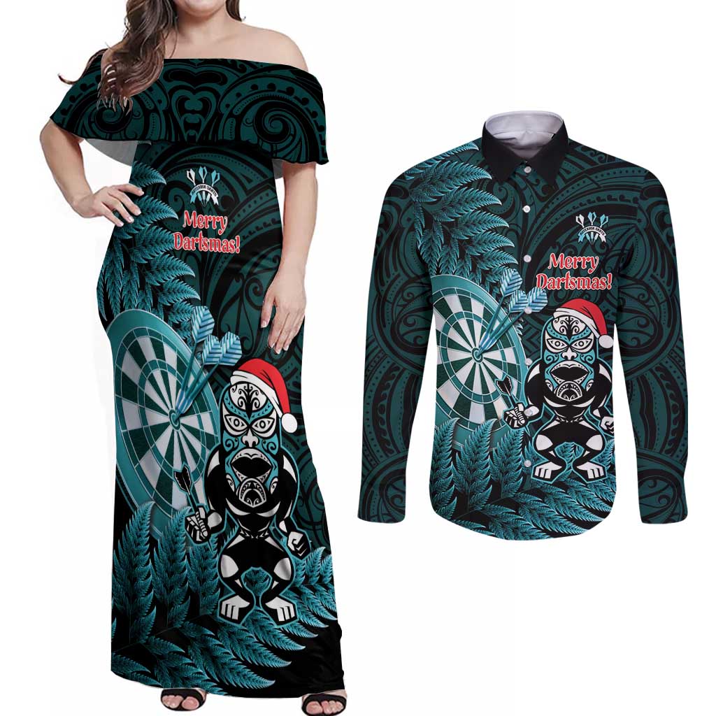 Personalised New Zealand Darts Christmas Couples Matching Off Shoulder Maxi Dress and Long Sleeve Button Shirt Maori Fern Merry Dartsmas LT14 Cyan - Polynesian Pride