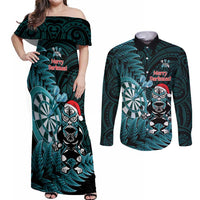 Personalised New Zealand Darts Christmas Couples Matching Off Shoulder Maxi Dress and Long Sleeve Button Shirt Maori Fern Merry Dartsmas LT14 Cyan - Polynesian Pride