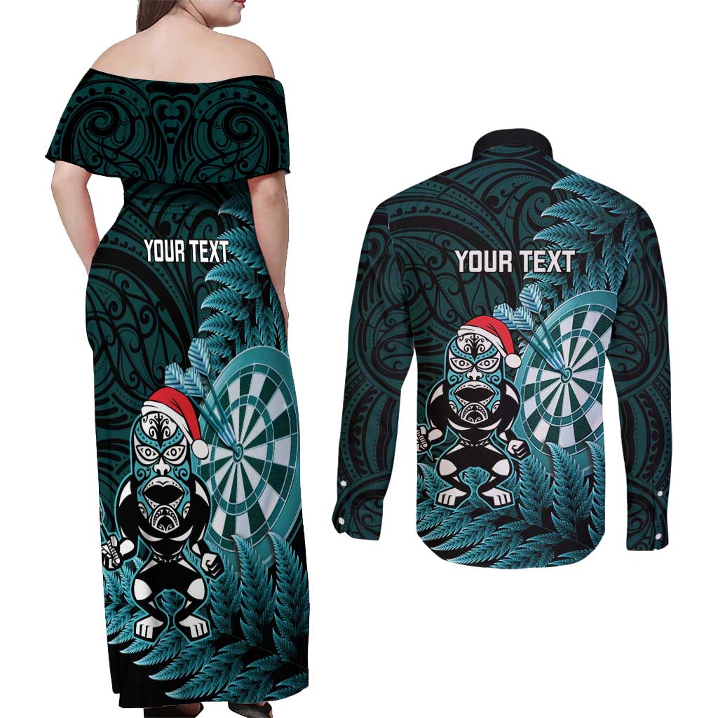 Personalised New Zealand Darts Christmas Couples Matching Off Shoulder Maxi Dress and Long Sleeve Button Shirt Maori Fern Merry Dartsmas LT14 - Polynesian Pride