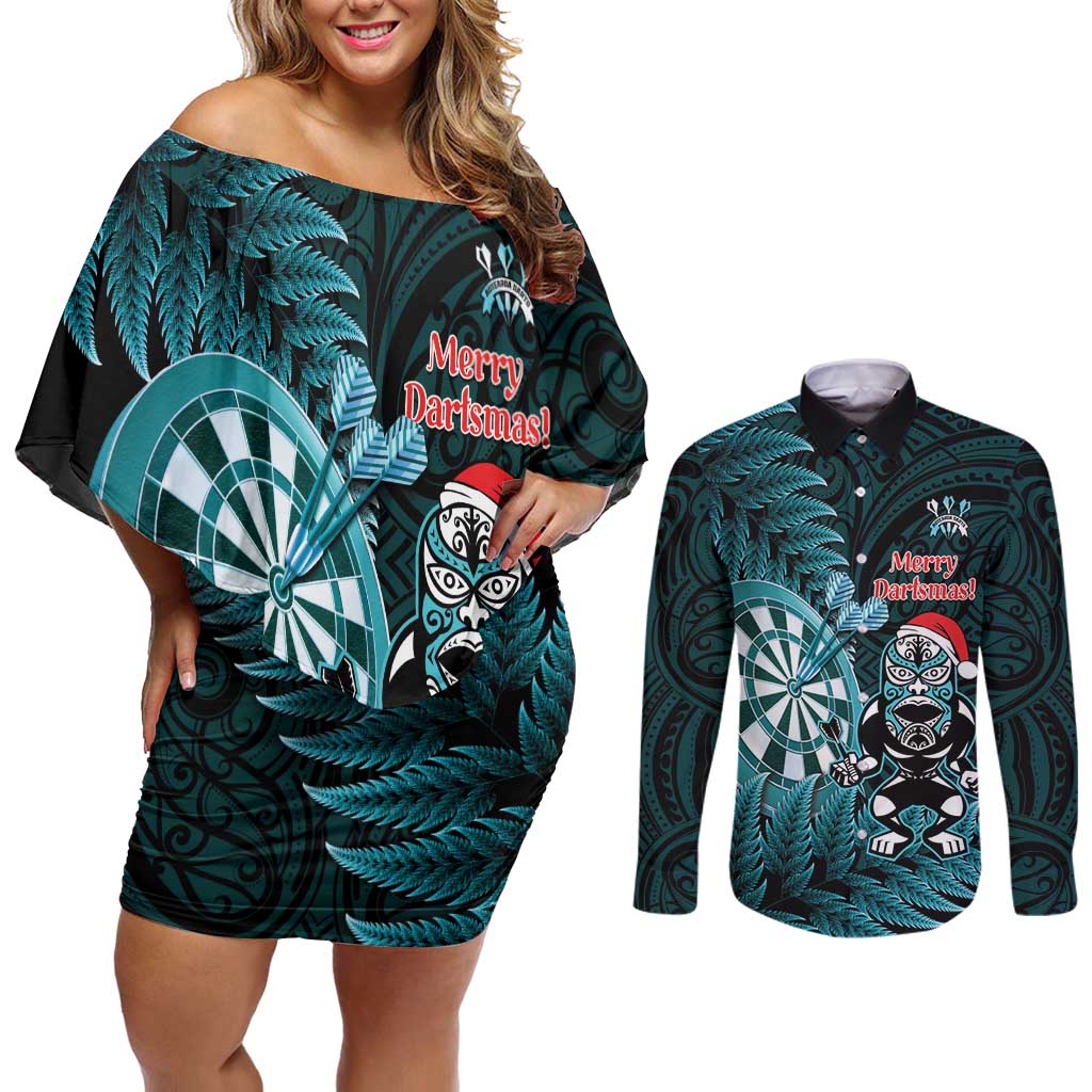Personalised New Zealand Darts Christmas Couples Matching Off Shoulder Short Dress and Long Sleeve Button Shirt Maori Fern Merry Dartsmas LT14 Cyan - Polynesian Pride