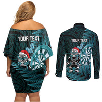 Personalised New Zealand Darts Christmas Couples Matching Off Shoulder Short Dress and Long Sleeve Button Shirt Maori Fern Merry Dartsmas LT14 - Polynesian Pride