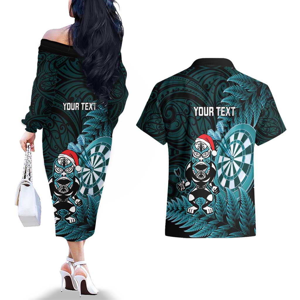 Personalised New Zealand Darts Christmas Couples Matching Off The Shoulder Long Sleeve Dress and Hawaiian Shirt Maori Fern Merry Dartsmas LT14 - Polynesian Pride