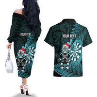 Personalised New Zealand Darts Christmas Couples Matching Off The Shoulder Long Sleeve Dress and Hawaiian Shirt Maori Fern Merry Dartsmas LT14 - Polynesian Pride
