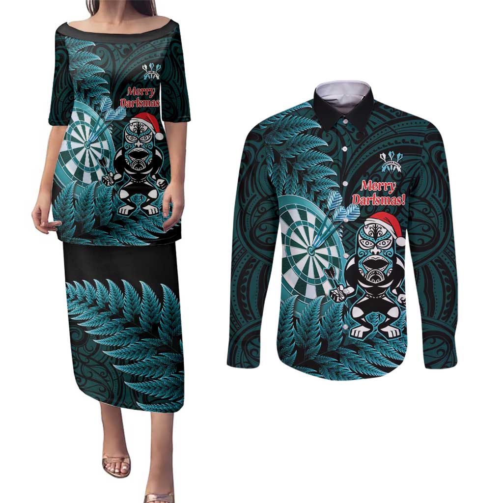 Personalised New Zealand Darts Christmas Couples Matching Puletasi and Long Sleeve Button Shirt Maori Fern Merry Dartsmas LT14 Cyan - Polynesian Pride