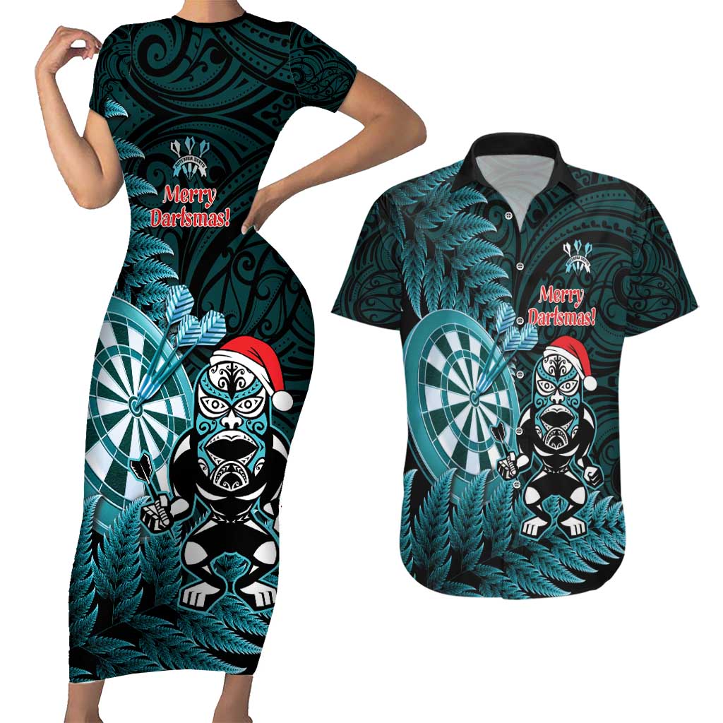 Personalised New Zealand Darts Christmas Couples Matching Short Sleeve Bodycon Dress and Hawaiian Shirt Maori Fern Merry Dartsmas LT14 Cyan - Polynesian Pride
