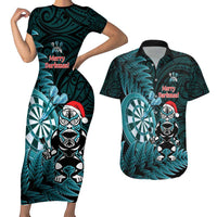 Personalised New Zealand Darts Christmas Couples Matching Short Sleeve Bodycon Dress and Hawaiian Shirt Maori Fern Merry Dartsmas LT14 Cyan - Polynesian Pride