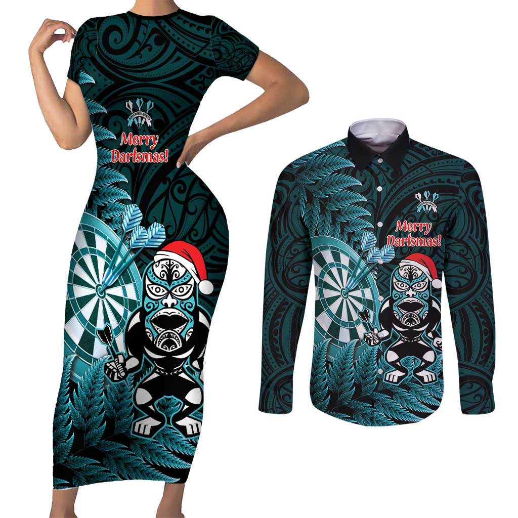 Personalised New Zealand Darts Christmas Couples Matching Short Sleeve Bodycon Dress and Long Sleeve Button Shirt Maori Fern Merry Dartsmas LT14 Cyan - Polynesian Pride