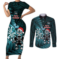 Personalised New Zealand Darts Christmas Couples Matching Short Sleeve Bodycon Dress and Long Sleeve Button Shirt Maori Fern Merry Dartsmas LT14 Cyan - Polynesian Pride
