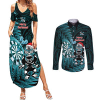 Personalised New Zealand Darts Christmas Couples Matching Summer Maxi Dress and Long Sleeve Button Shirt Maori Fern Merry Dartsmas LT14 Cyan - Polynesian Pride