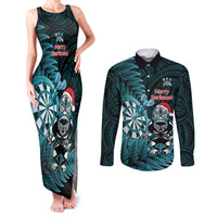 Personalised New Zealand Darts Christmas Couples Matching Tank Maxi Dress and Long Sleeve Button Shirt Maori Fern Merry Dartsmas LT14 Cyan - Polynesian Pride