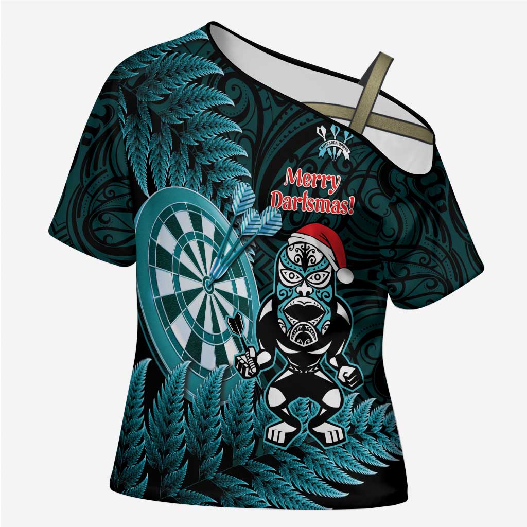 Personalised New Zealand Darts Christmas Cross Shoulder Shirt Maori Fern Merry Dartsmas LT14 Female Cyan - Polynesian Pride