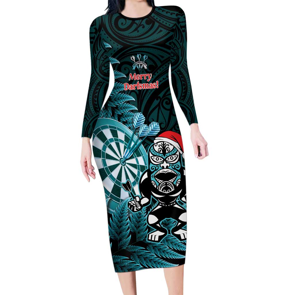 Personalised New Zealand Darts Christmas Family Matching Long Sleeve Bodycon Dress and Hawaiian Shirt Maori Fern Merry Dartsmas LT14 Mom's Dress Cyan - Polynesian Pride