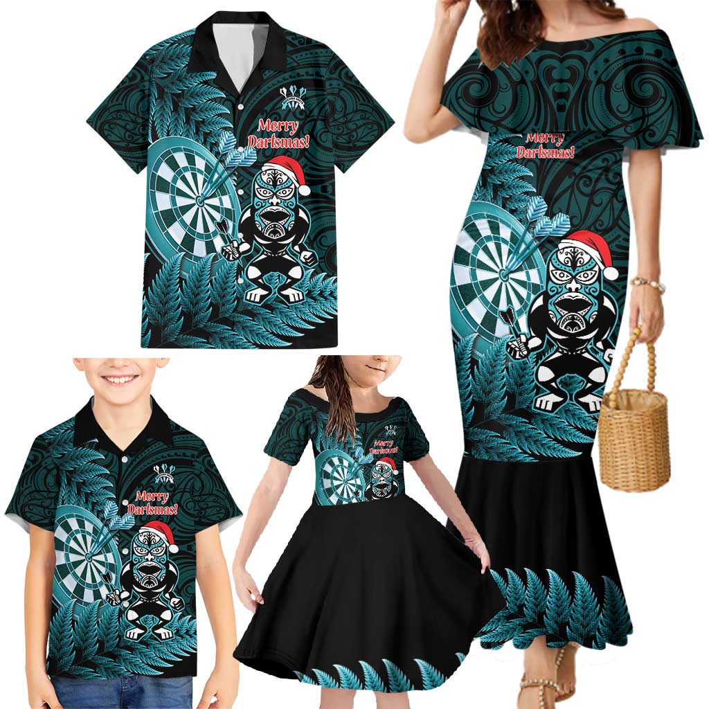 Personalised New Zealand Darts Christmas Family Matching Mermaid Dress and Hawaiian Shirt Maori Fern Merry Dartsmas LT14 - Polynesian Pride