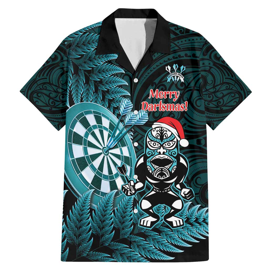 Personalised New Zealand Darts Christmas Family Matching Mermaid Dress and Hawaiian Shirt Maori Fern Merry Dartsmas LT14 Dad's Shirt - Short Sleeve Cyan - Polynesian Pride