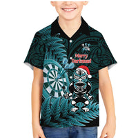 Personalised New Zealand Darts Christmas Family Matching Mermaid Dress and Hawaiian Shirt Maori Fern Merry Dartsmas LT14 Son's Shirt Cyan - Polynesian Pride