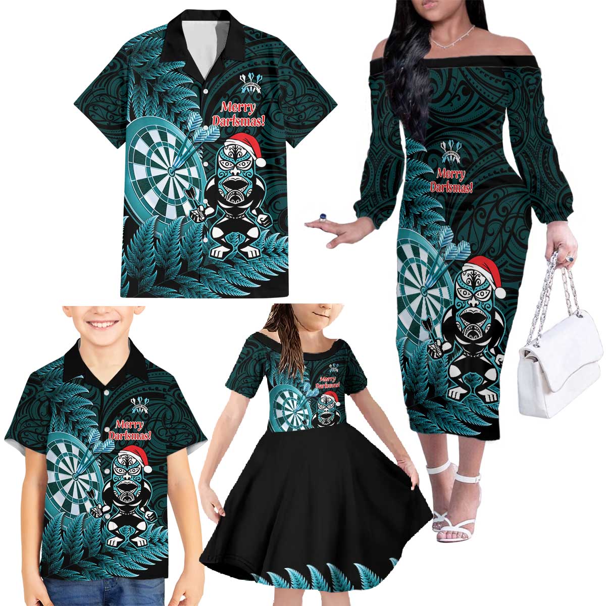 Personalised New Zealand Darts Christmas Family Matching Off The Shoulder Long Sleeve Dress and Hawaiian Shirt Maori Fern Merry Dartsmas LT14 - Polynesian Pride
