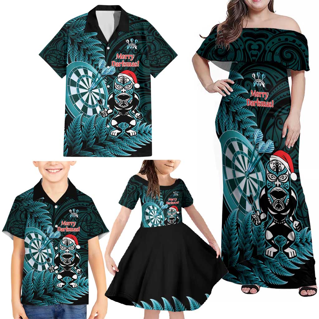 Personalised New Zealand Darts Christmas Family Matching Off Shoulder Maxi Dress and Hawaiian Shirt Maori Fern Merry Dartsmas LT14 - Polynesian Pride