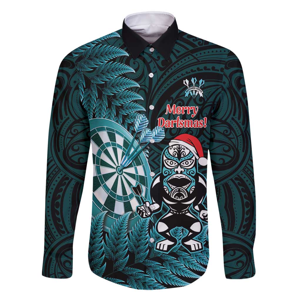 Personalised New Zealand Darts Christmas Family Matching Off Shoulder Maxi Dress and Hawaiian Shirt Maori Fern Merry Dartsmas LT14 Dad's Shirt - Long Sleeve Cyan - Polynesian Pride